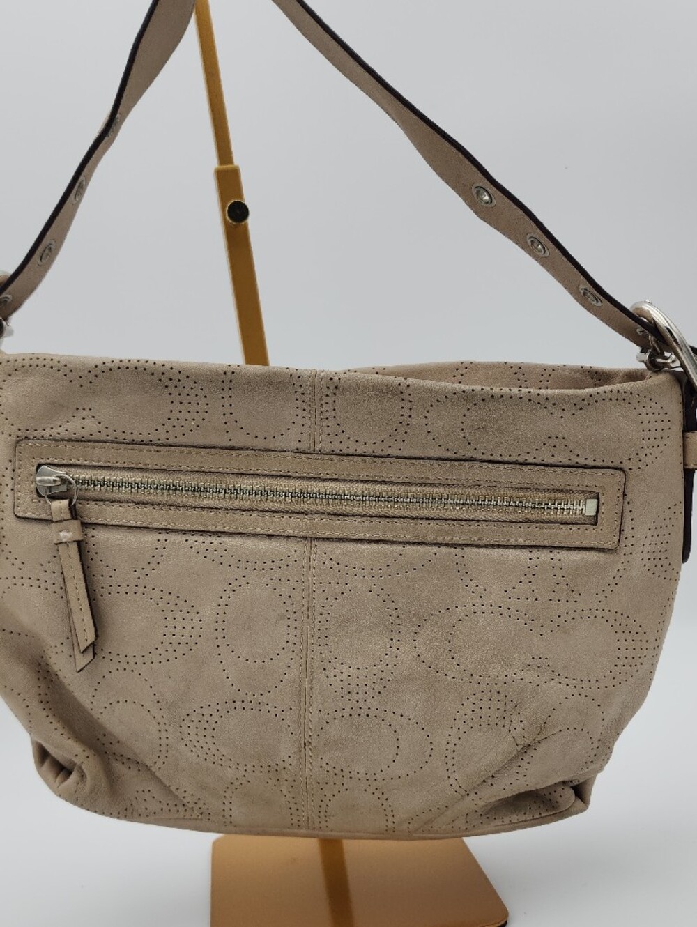 Coach Taupe Perforated Leather Shoulder Bag with Silver Hardware